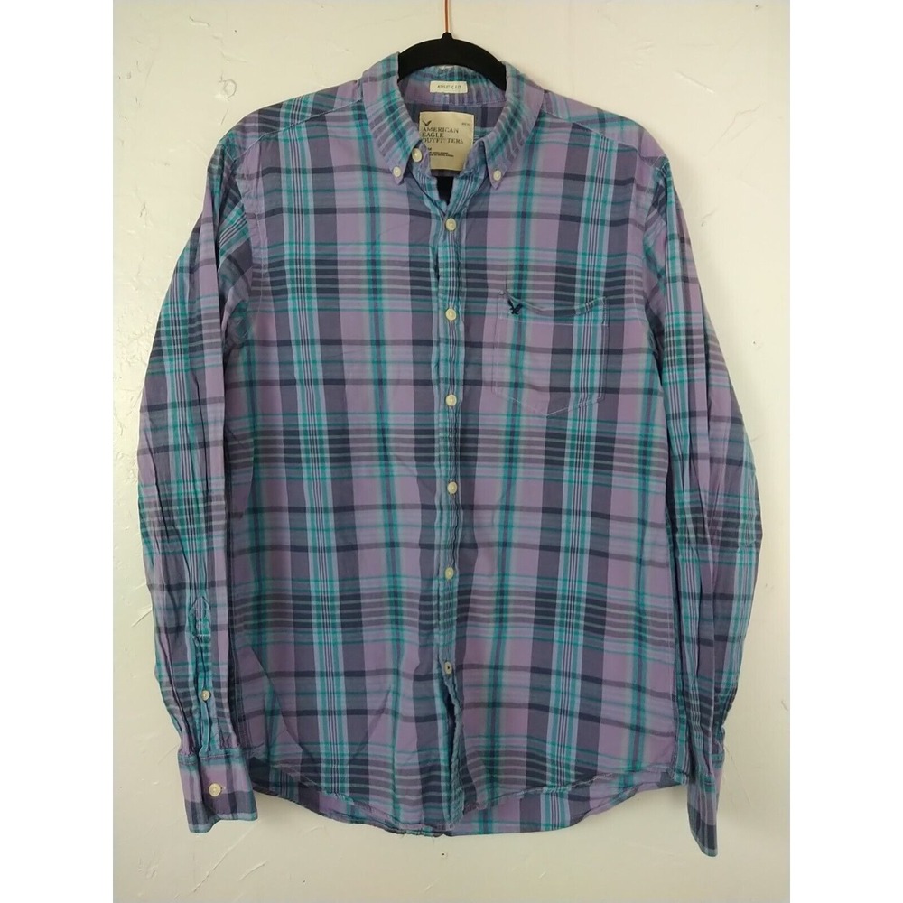 American Eagle Outfitters Button Down Shirt Mens M Purple Plaid Athletic Fit...